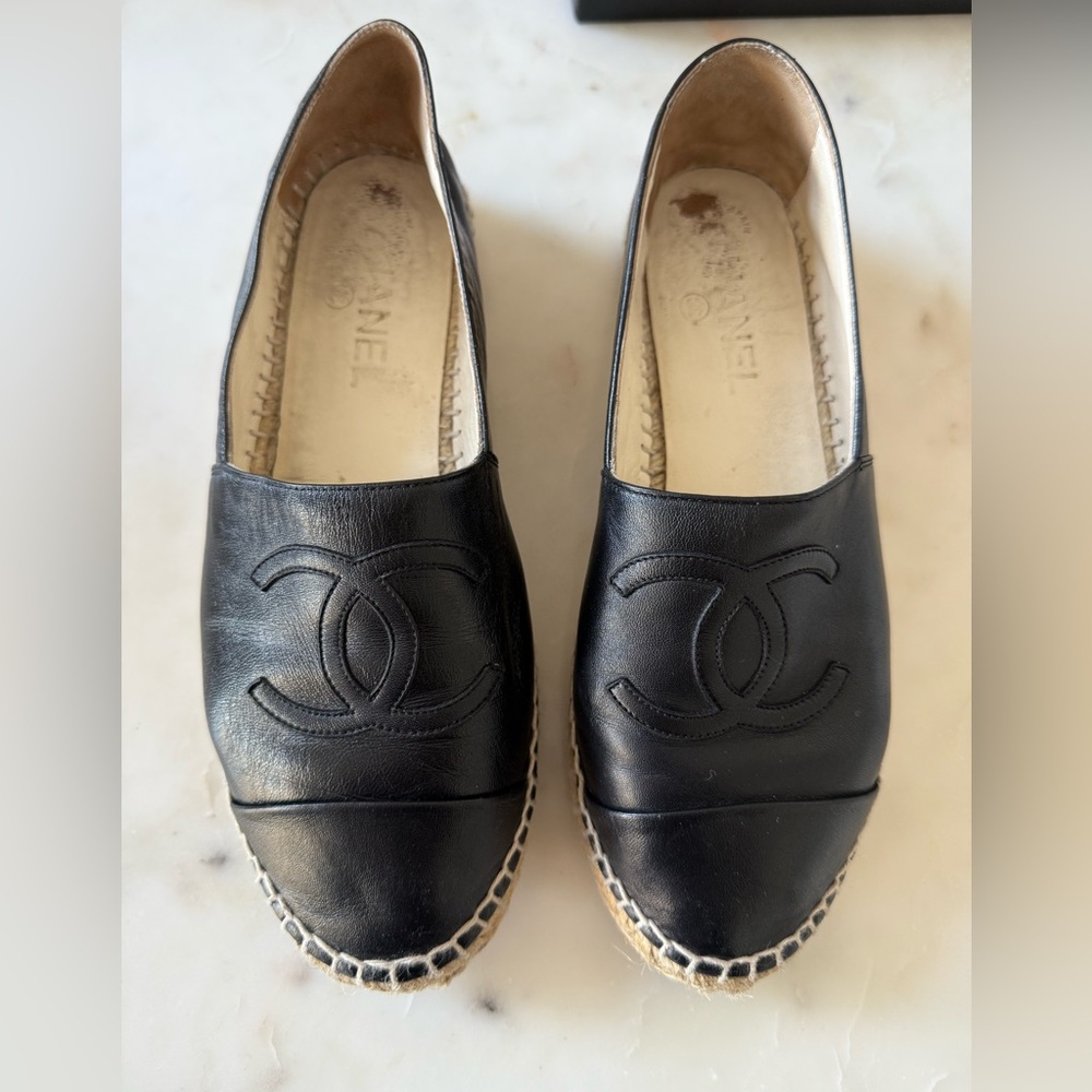 Authentic CHANEL Black Leather Espadrilles with CC Logo
